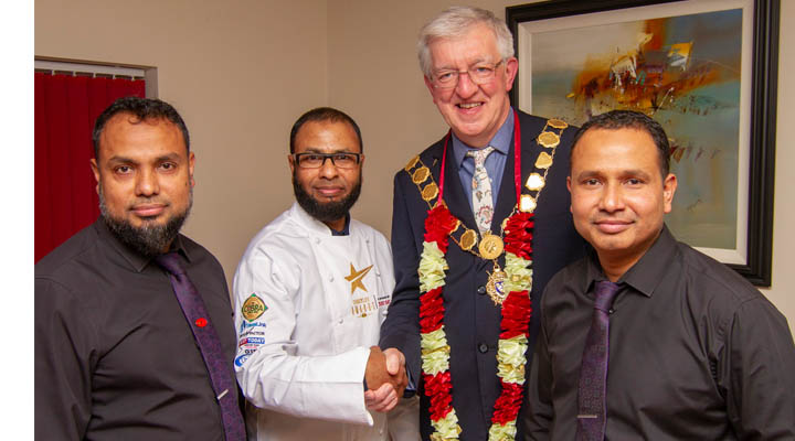 Lea Cross Tandoori Restaurant Winner of Curry Life Best Chef Award 2019 with Mayor of Shrewsbury Councillor Phil Gillam
