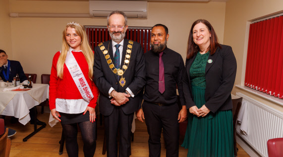 Miss Shropshire Eloise Sarasini with Mayor of Shrewsbury David Vasmer, Abdul Hamid and Julia Buckley MP